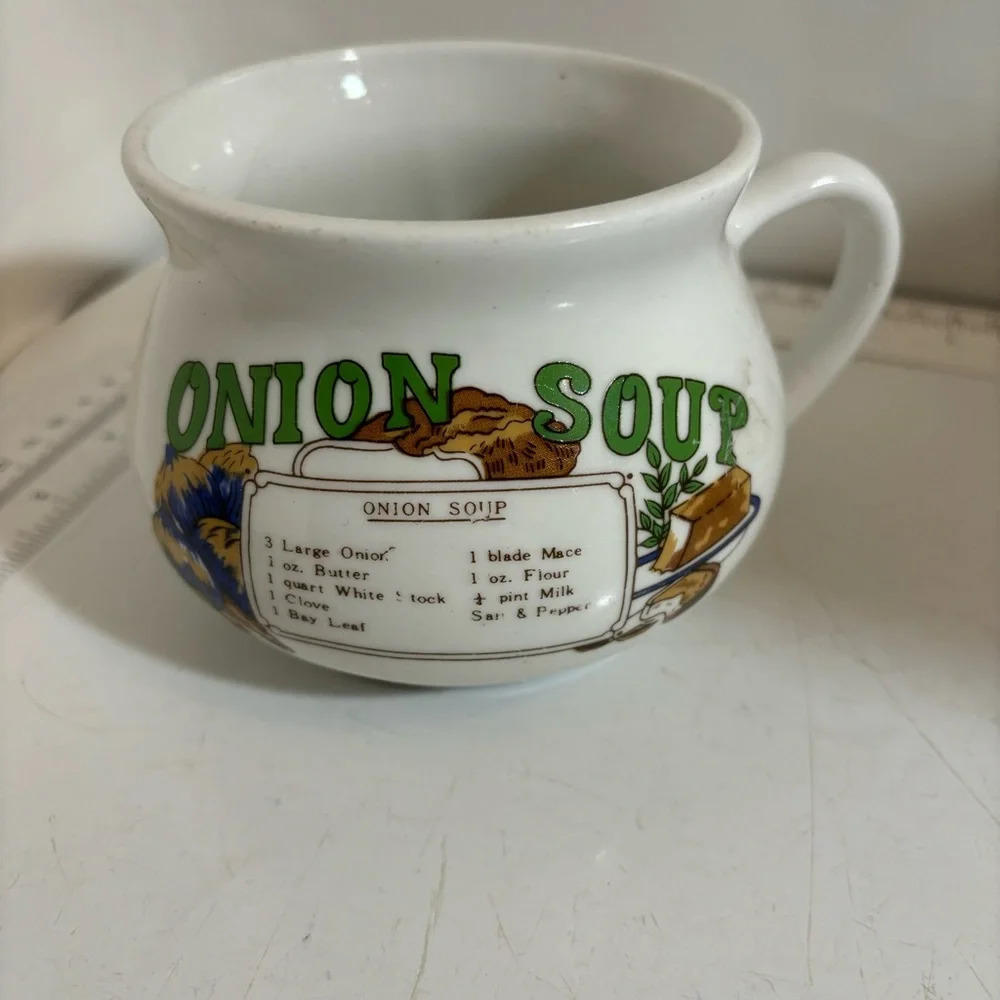 🛍️3/$30 vintage onion soup recipe flared lip‎ porcelain mug bowl with  handle